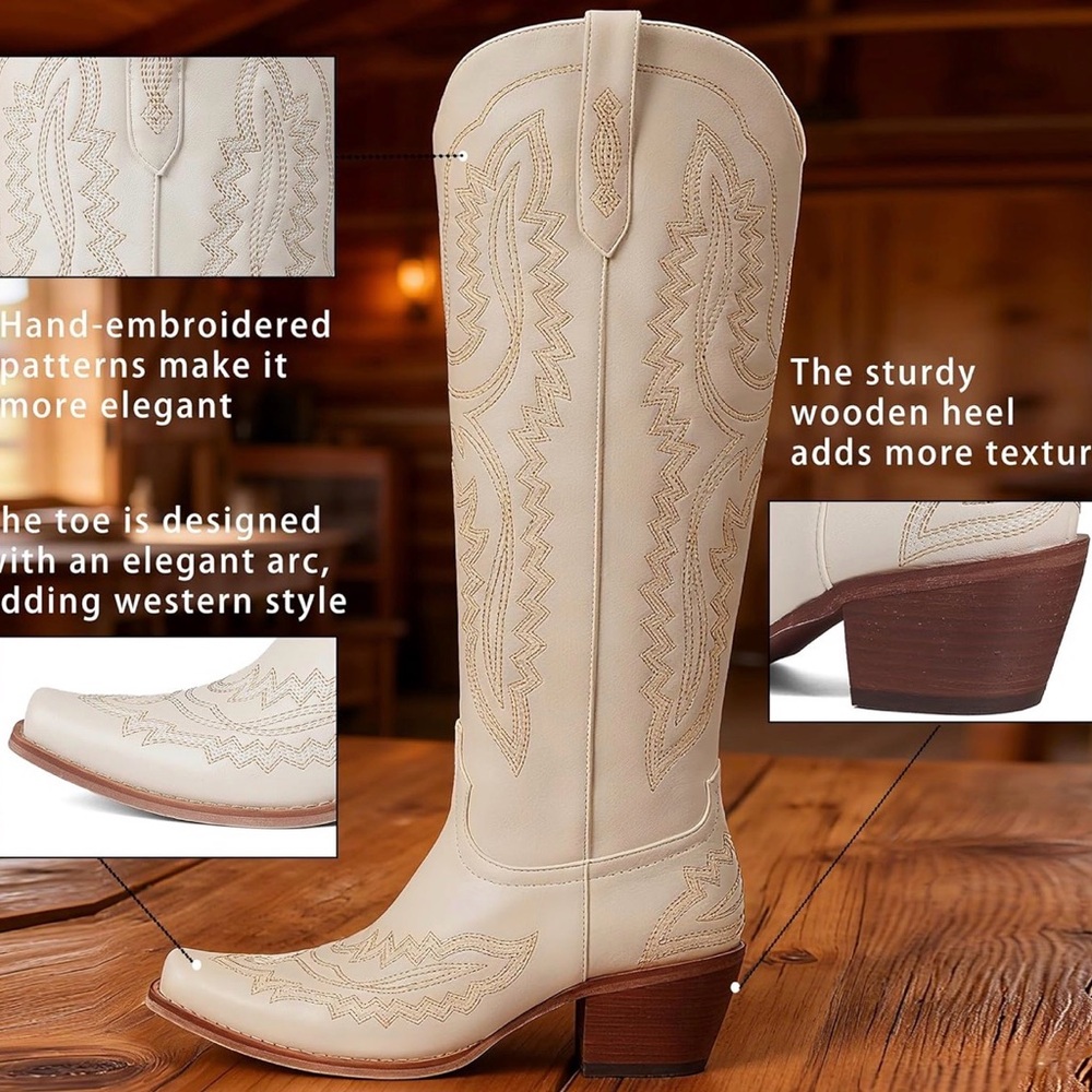 Cream Western Knee-High Cowboy Boots – White & Gold Stitching – New in Box